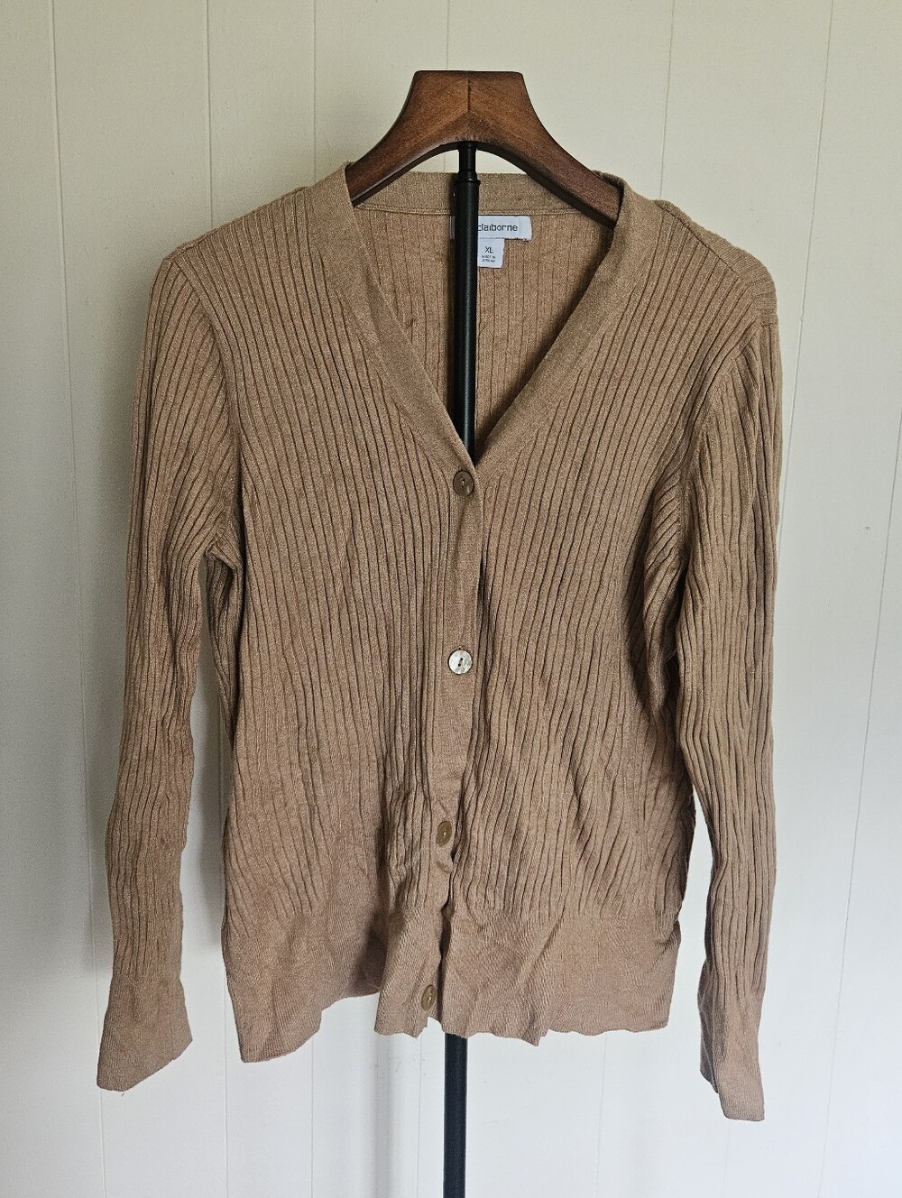 Liz Claiborne Tan Ribbed V-Neck Button Front Cardigan Size XL